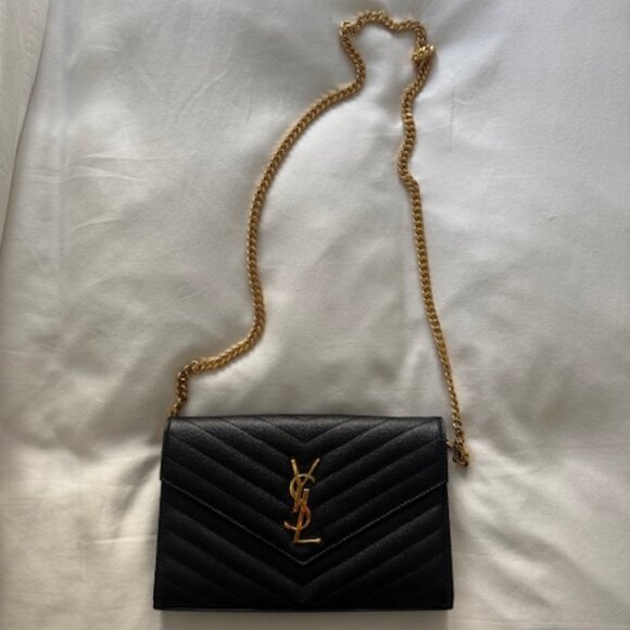 Black Yves Saint Laurent YSL Monogram Large Wallet on Chain in Grained Leather - Picture 1 of 10